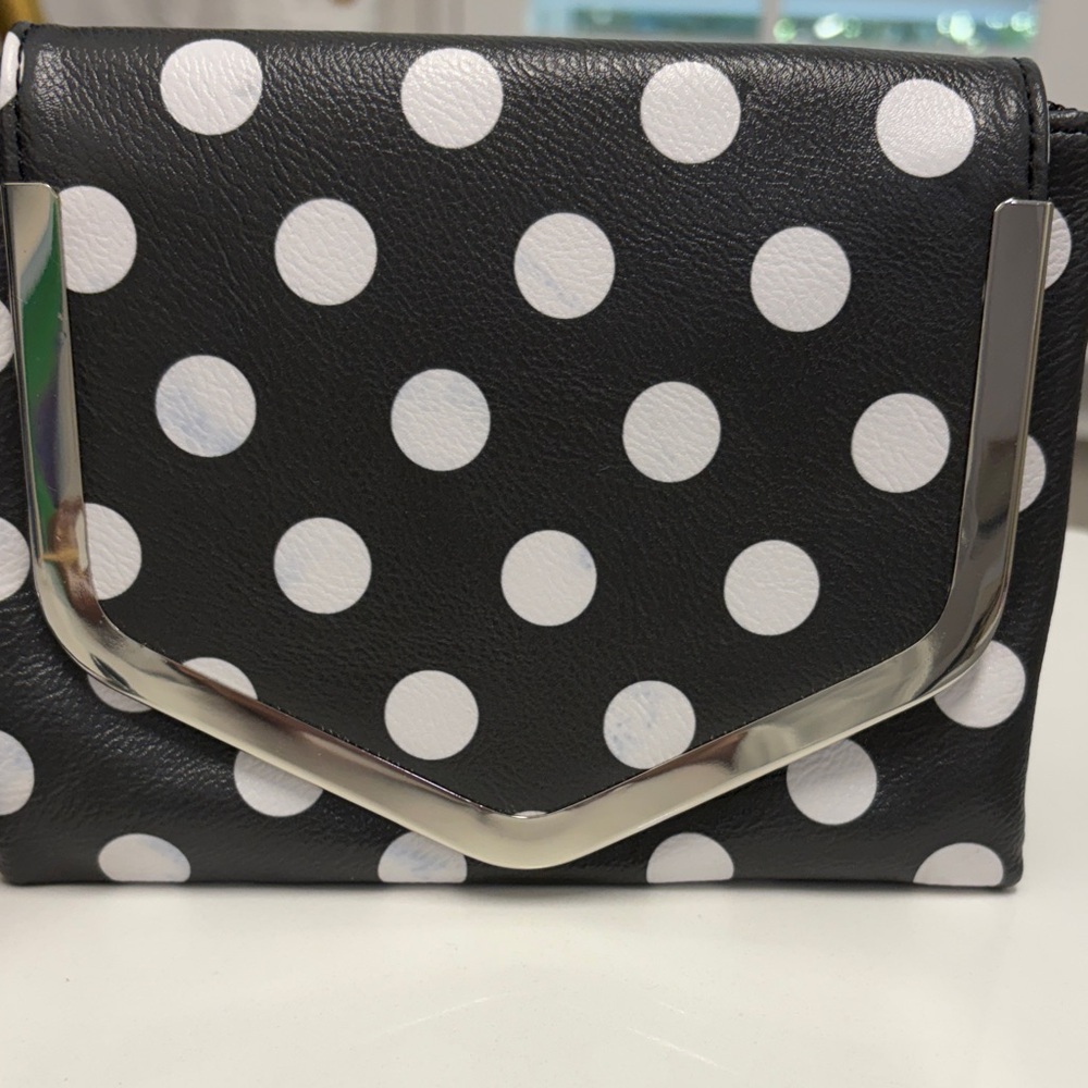 Charming Charlie Black and White Polka Dot Clutch with Silver Accent